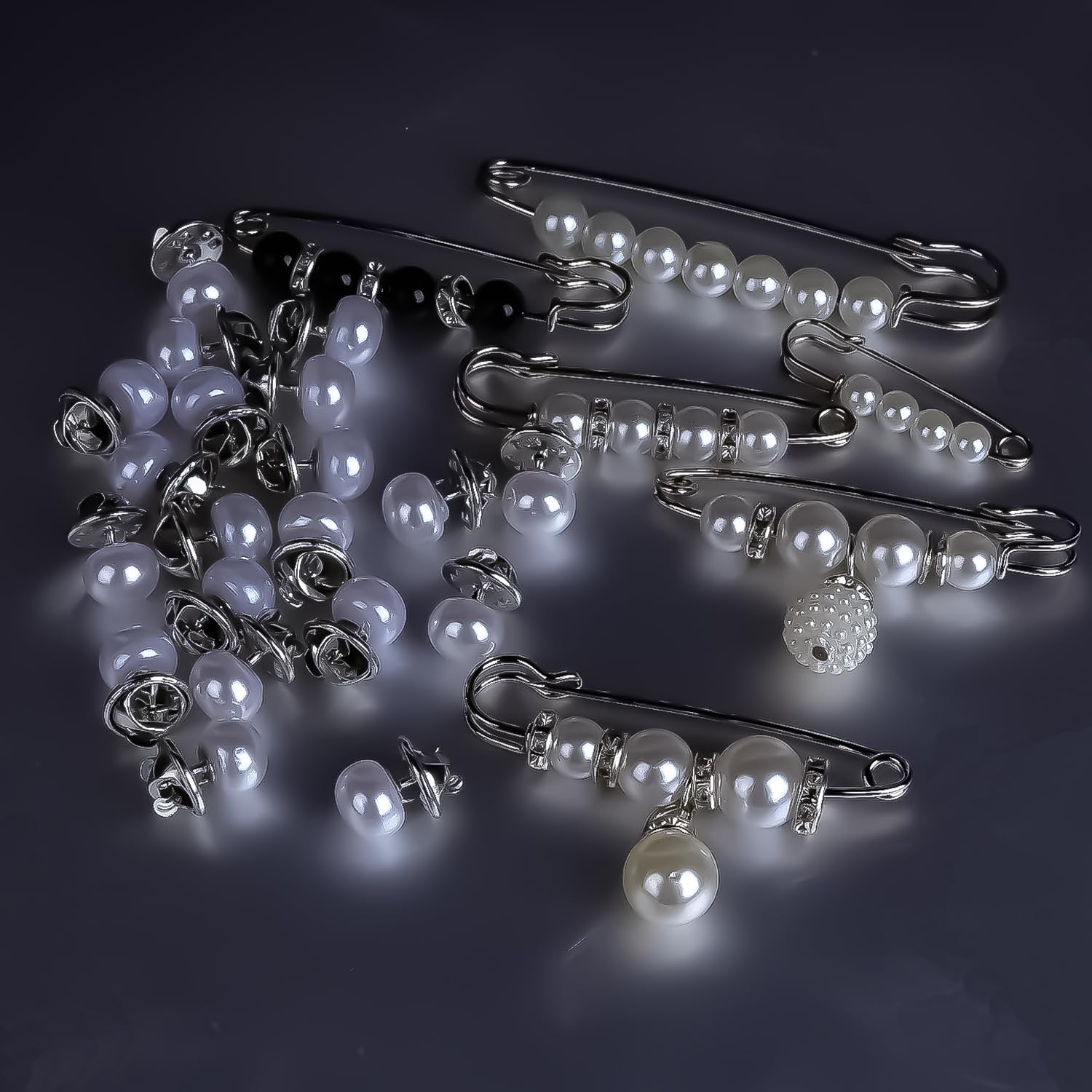 62pcs Silver Set Sock Charm Set, Safety Pin Brooch, Rhinestone, Pearl, Button Charms for Socks, Shoes, Clothing Accessories