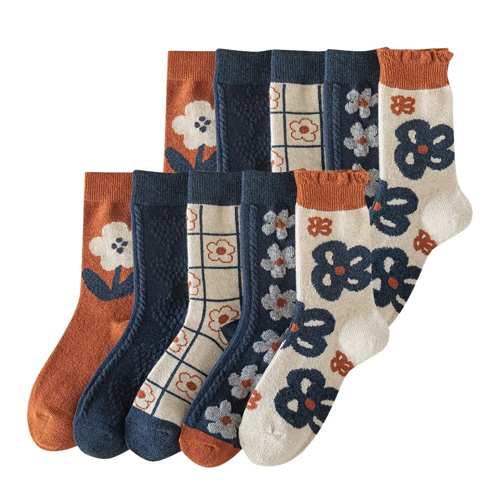 5/10 Pairs Wool Socks for Women Thick Knit Vintage Cute Floral Crew Socks