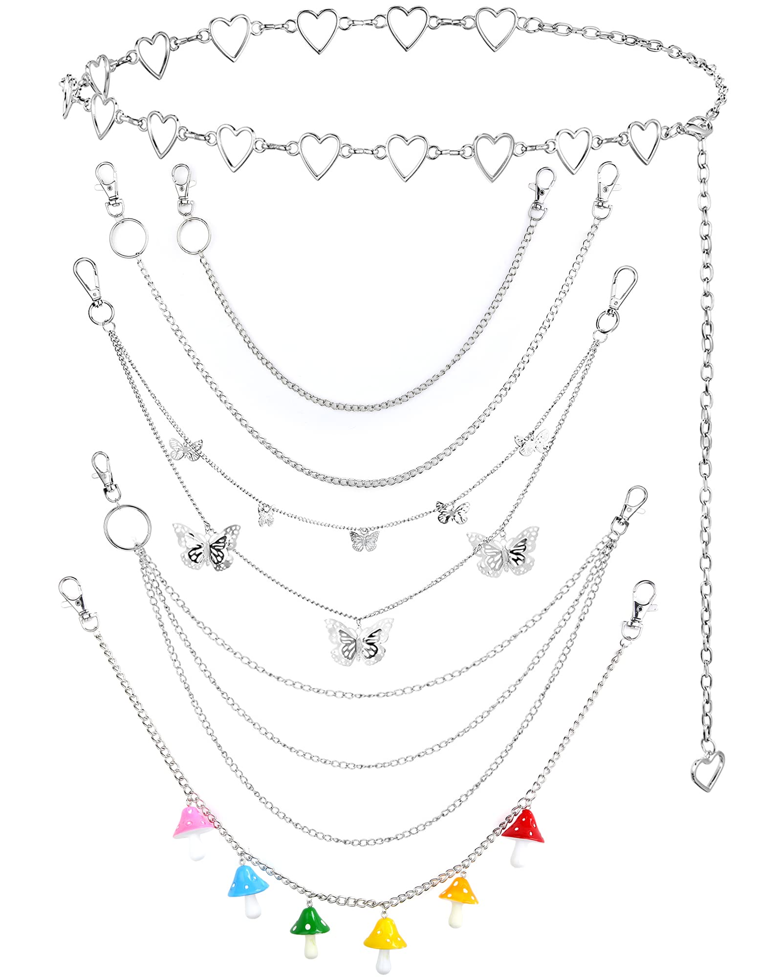 Hicarer 6 Pcs Jeans Chain Belt Silver Pants Waist Pocket Chains Multi Layer Goth Heart Butterfly Gift for Women Men Decor