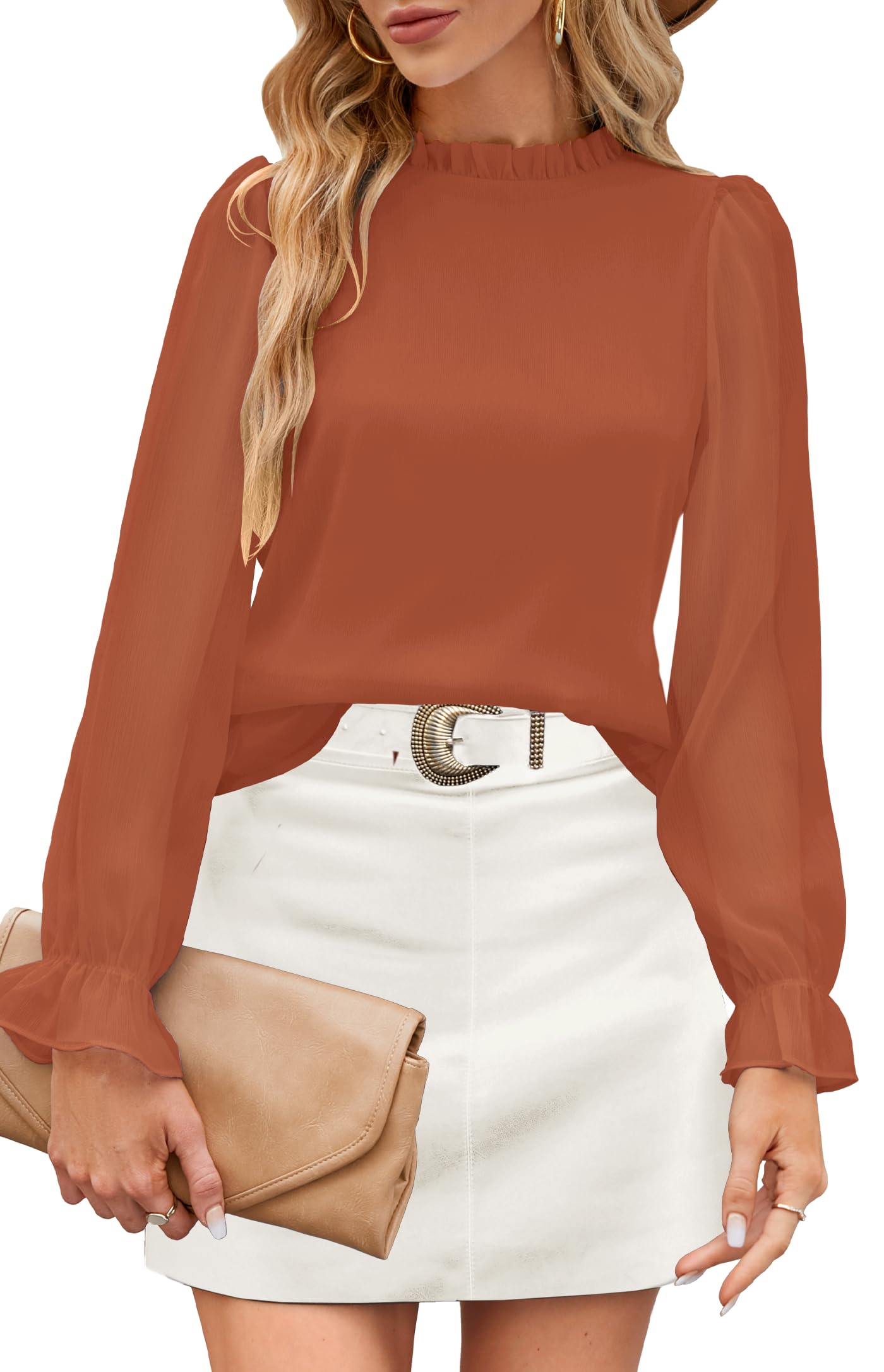 Aifer Womens Blouses Trendy Dressy Casual Tops Elegant Puff Long Sleeve Shirts Ruffle Mock Neck Plain Chiffon Outfits