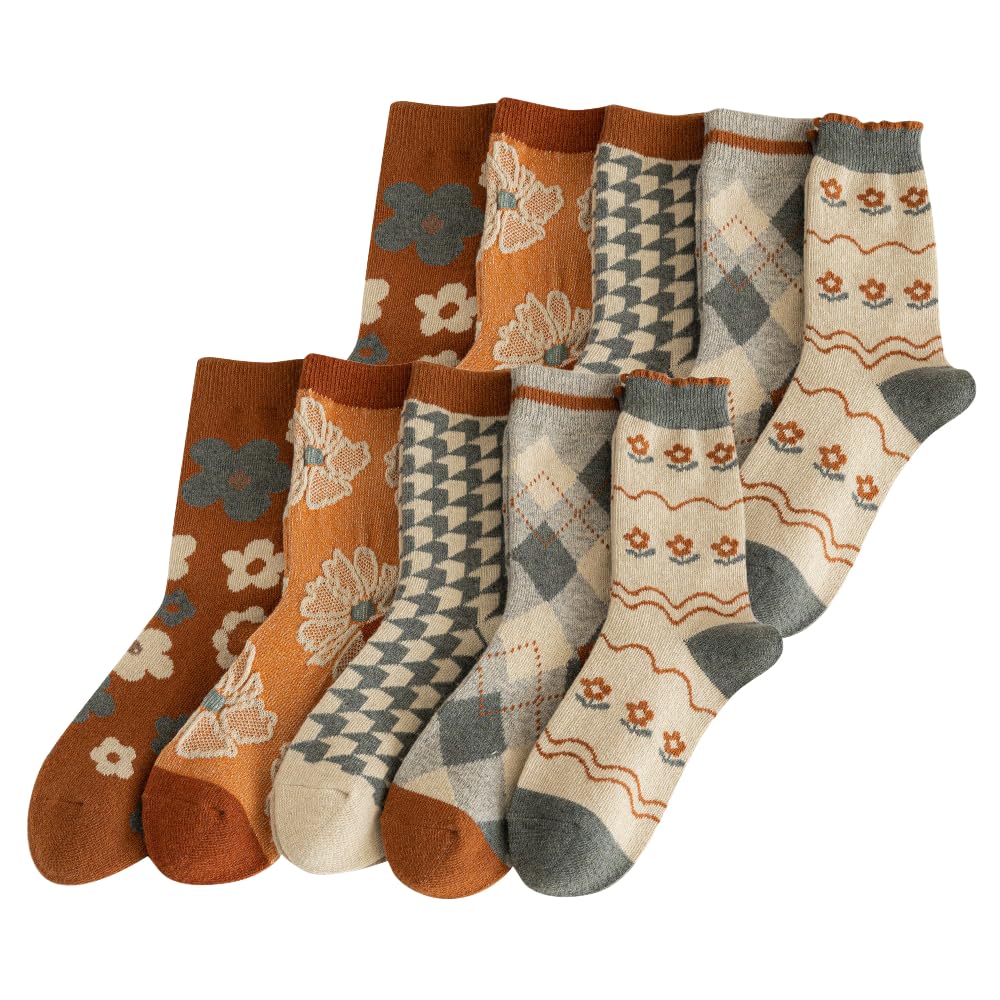 5/10 Pairs Wool Socks for Women Thick Knit Vintage Cute Floral Crew Socks