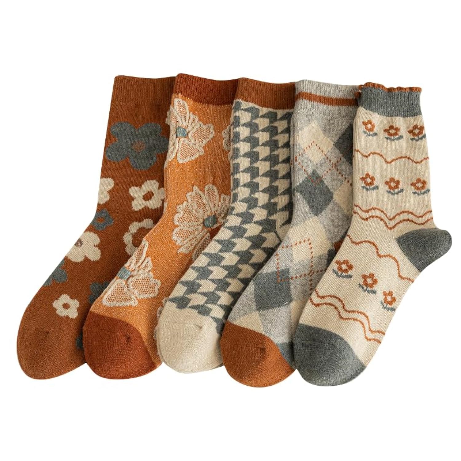 5/10 Pairs Wool Socks for Women Thick Knit Vintage Cute Floral Crew Socks