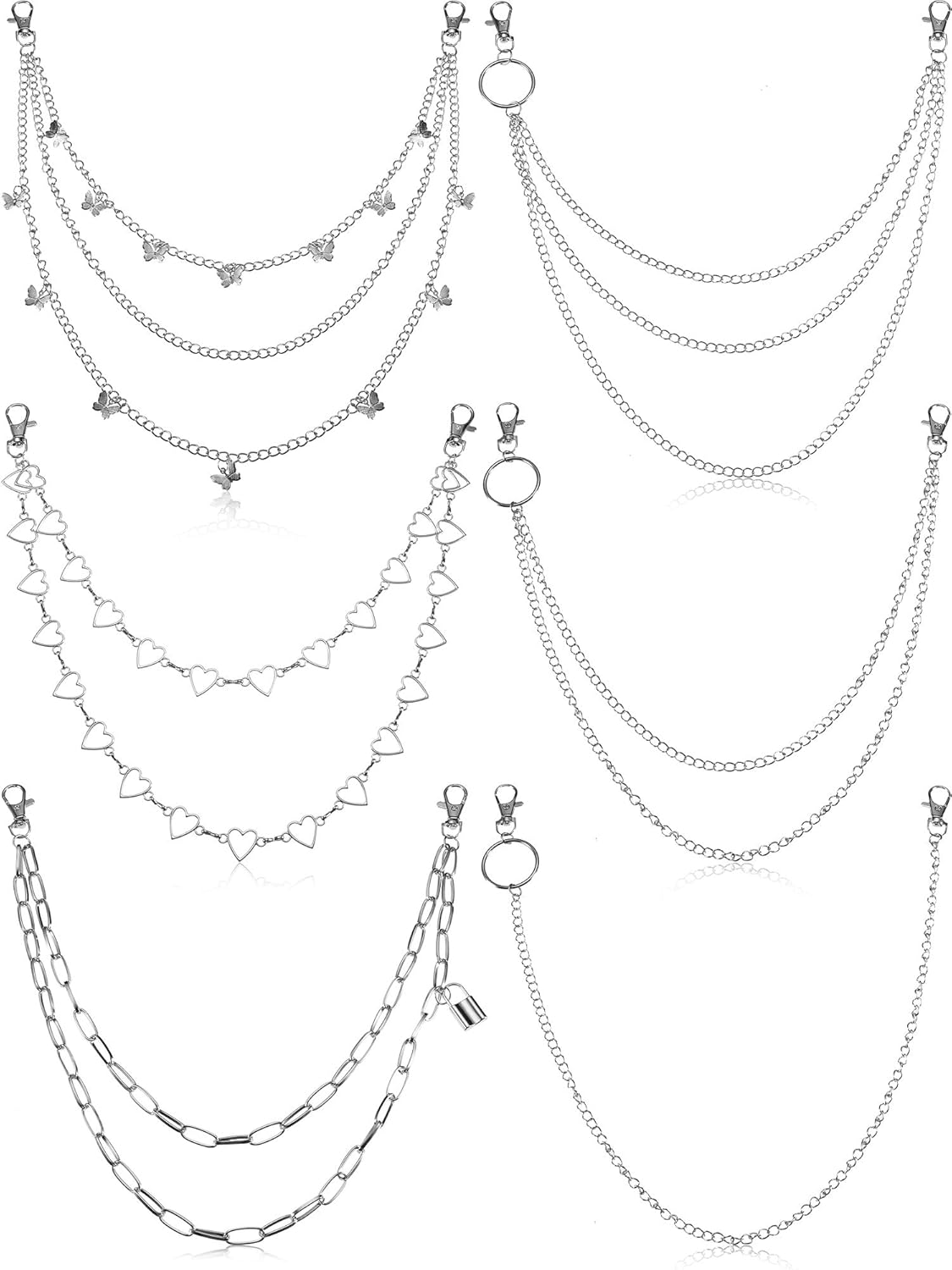 Hicarer 6 Pcs Jeans Chain Belt Silver Pants Waist Pocket Chains Multi Layer Goth Heart Butterfly Gift for Women Men Decor