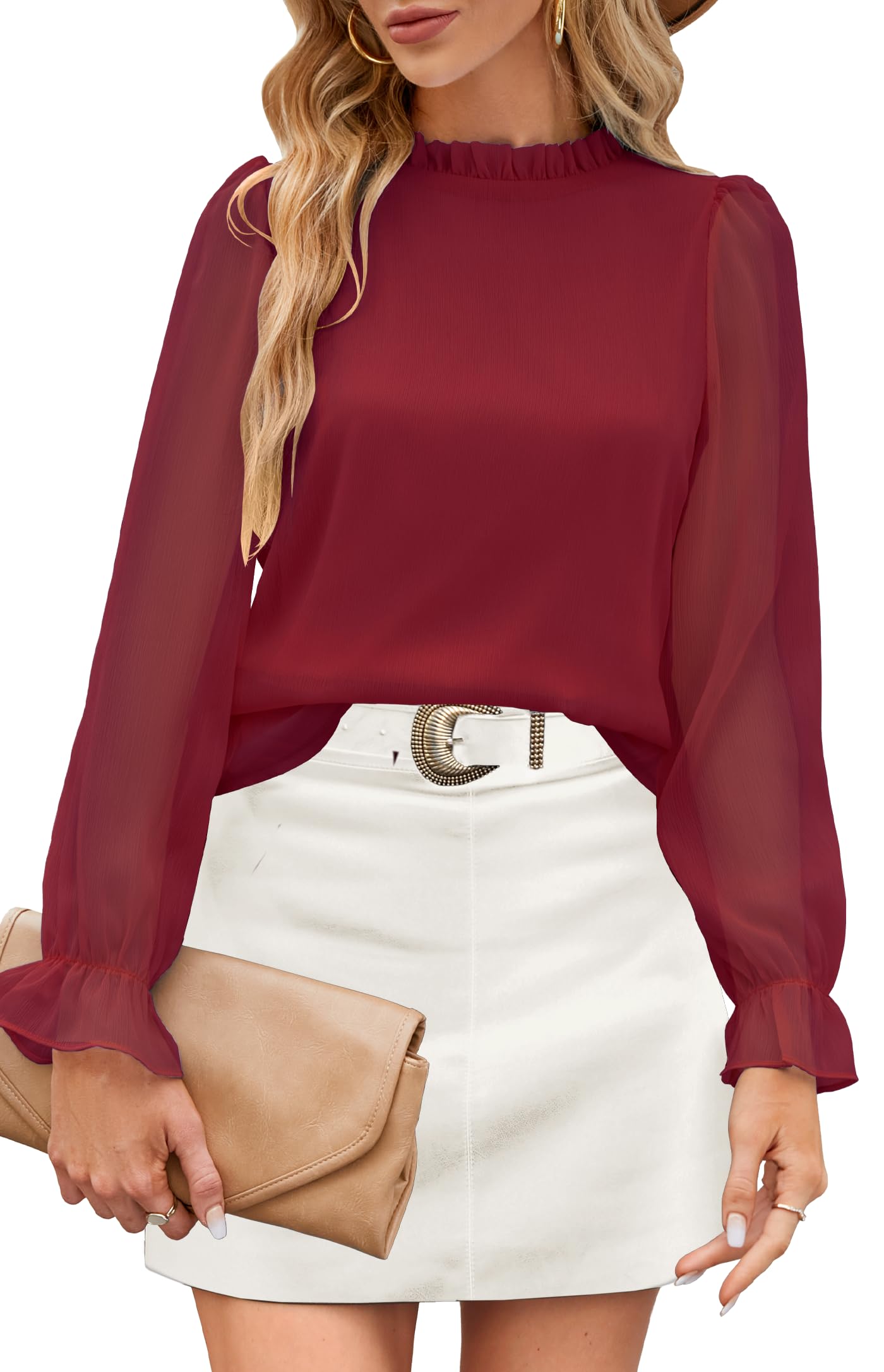Aifer Womens Blouses Trendy Dressy Casual Tops Elegant Puff Long Sleeve Shirts Ruffle Mock Neck Plain Chiffon Outfits