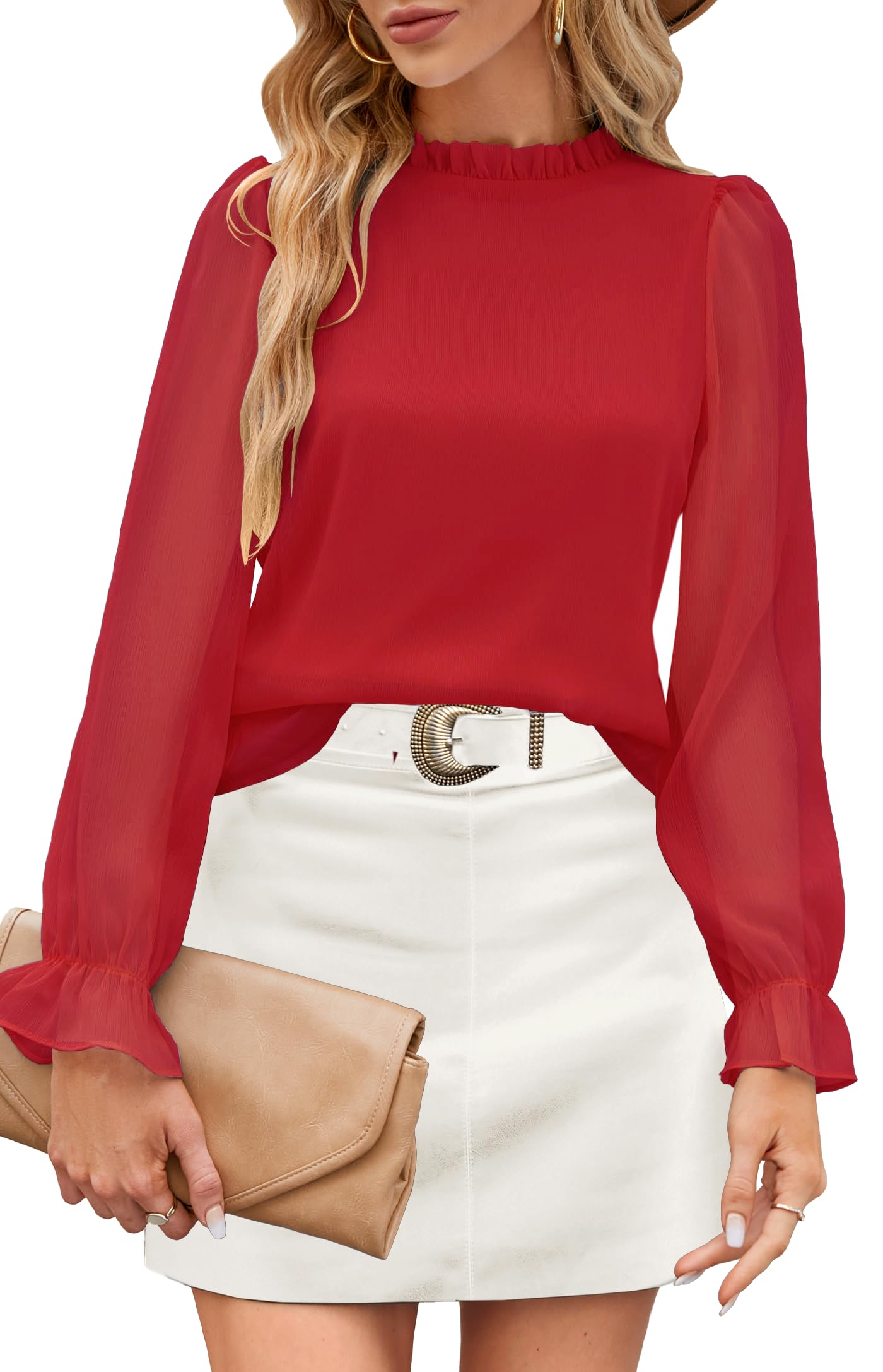 Aifer Womens Blouses Trendy Dressy Casual Tops Elegant Puff Long Sleeve Shirts Ruffle Mock Neck Plain Chiffon Outfits