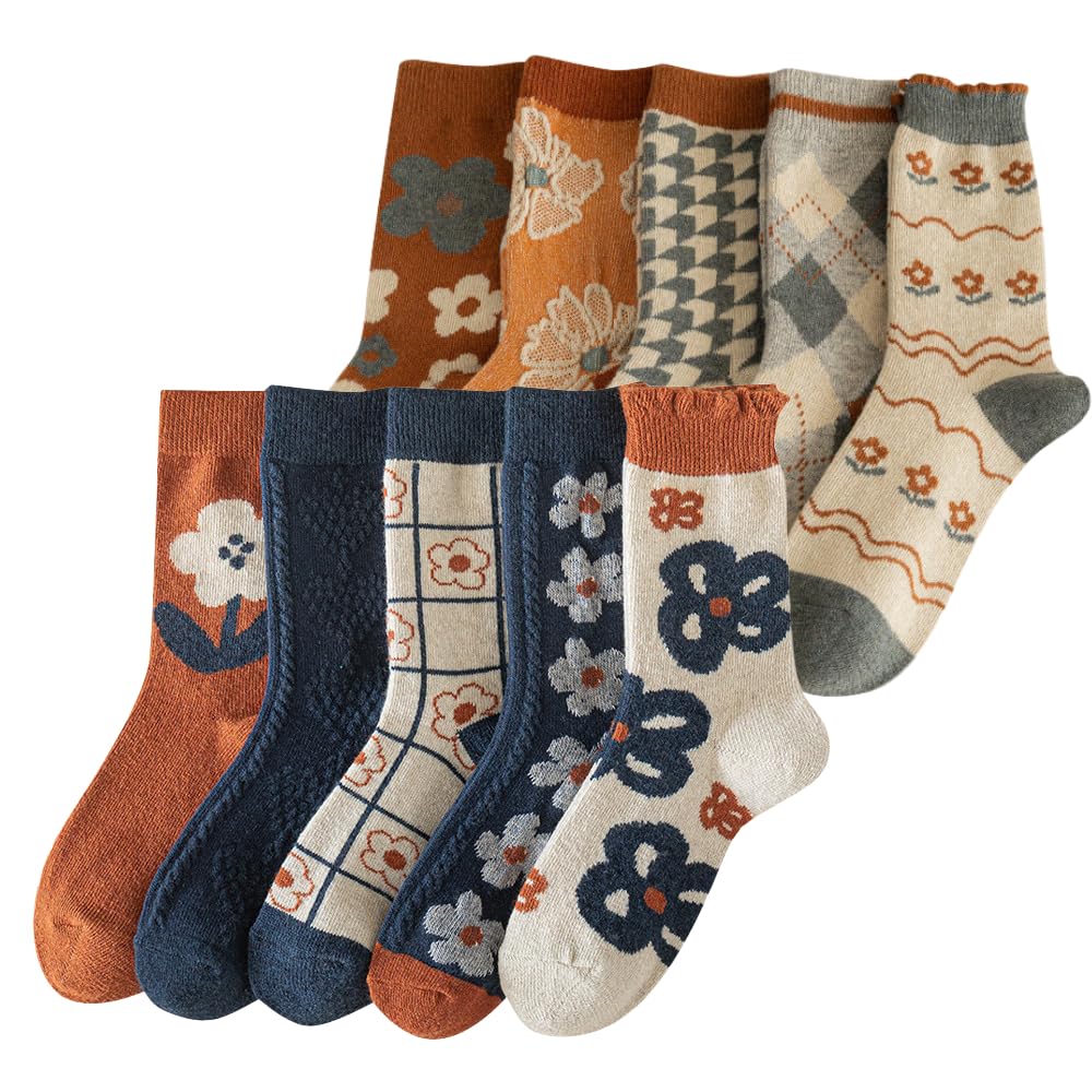 5/10 Pairs Wool Socks for Women Thick Knit Vintage Cute Floral Crew Socks