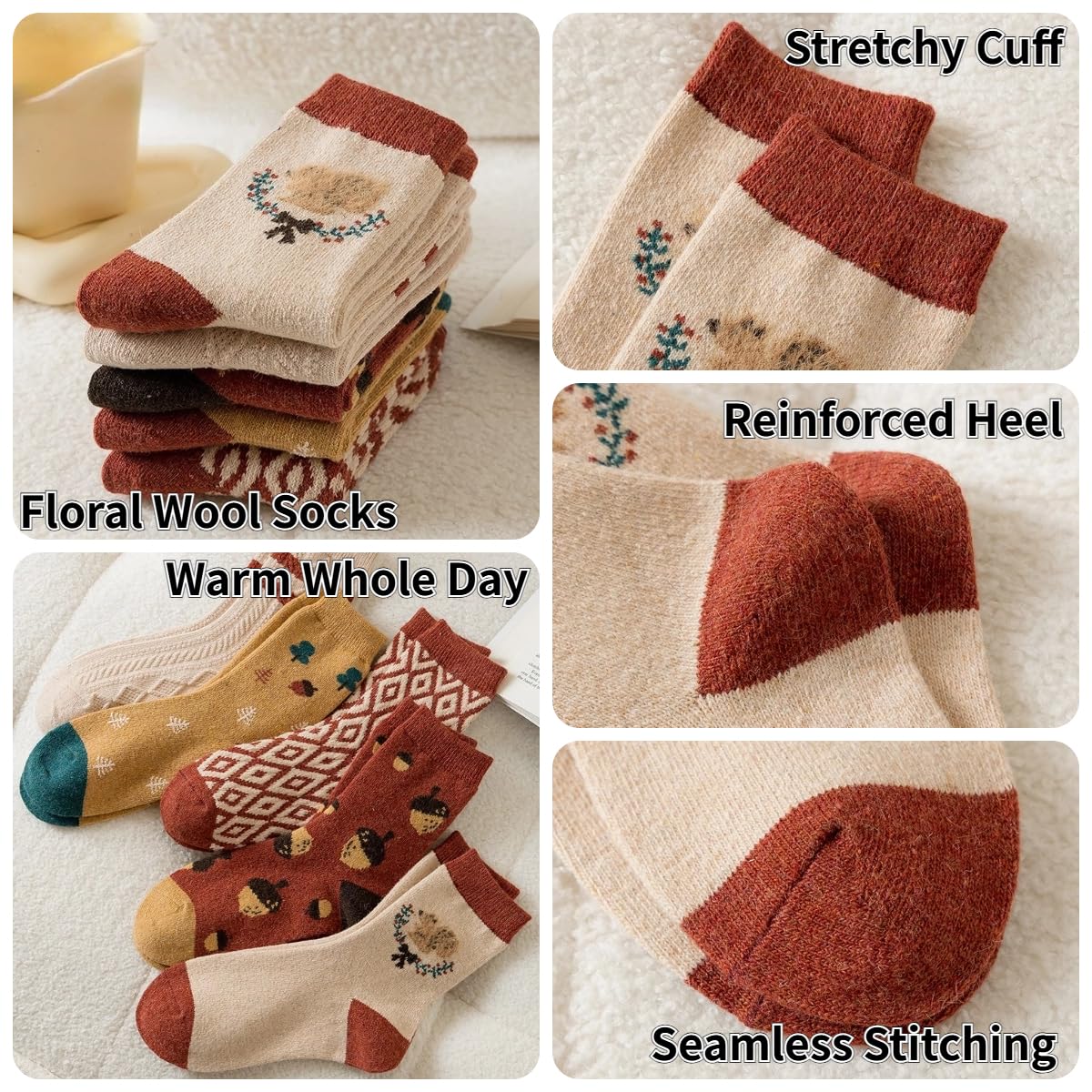5/10 Pairs Wool Socks for Women Thick Knit Vintage Cute Floral Crew Socks