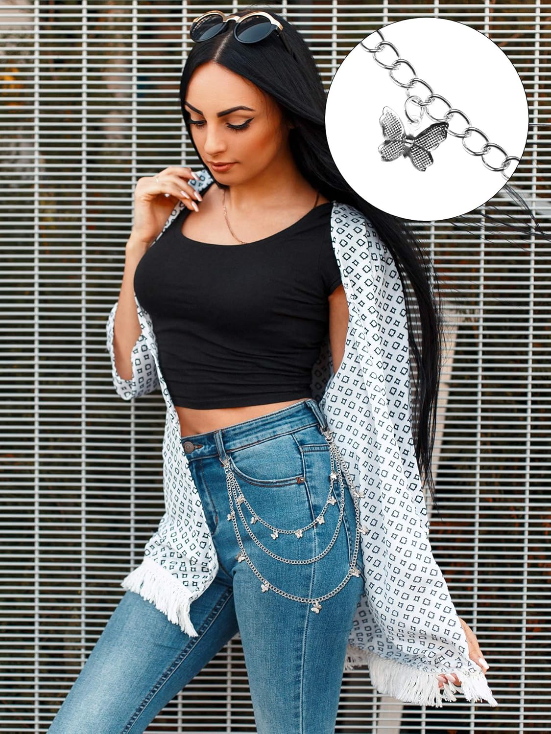 Hicarer 6 Pcs Jeans Chain Belt Silver Pants Waist Pocket Chains Multi Layer Goth Heart Butterfly Gift for Women Men Decor
