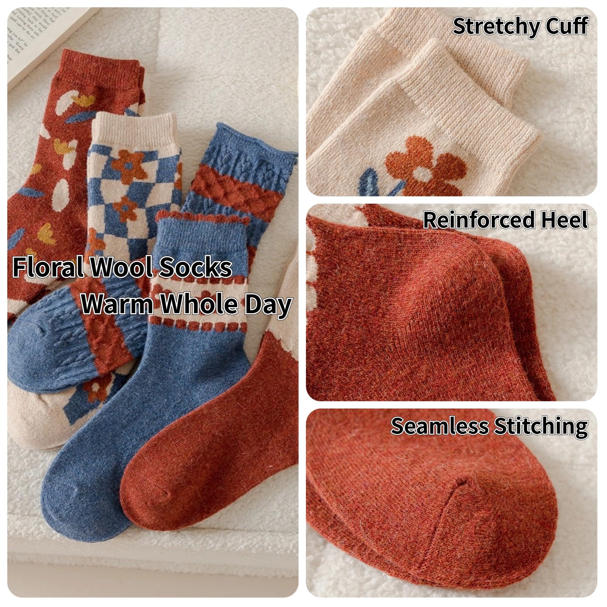 5/10 Pairs Wool Socks for Women Thick Knit Vintage Cute Floral Crew Socks