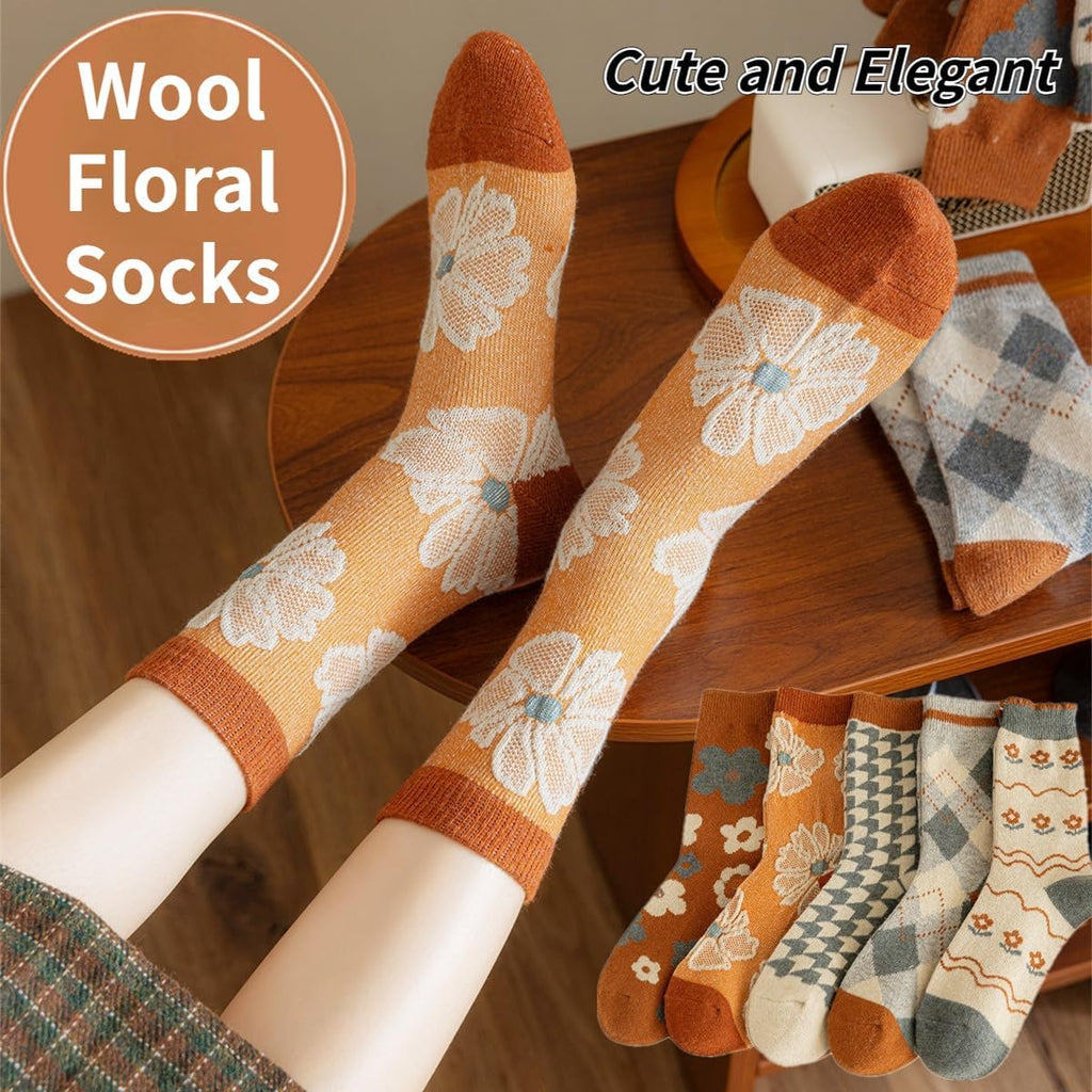 5/10 Pairs Wool Socks for Women Thick Knit Vintage Cute Floral Crew Socks
