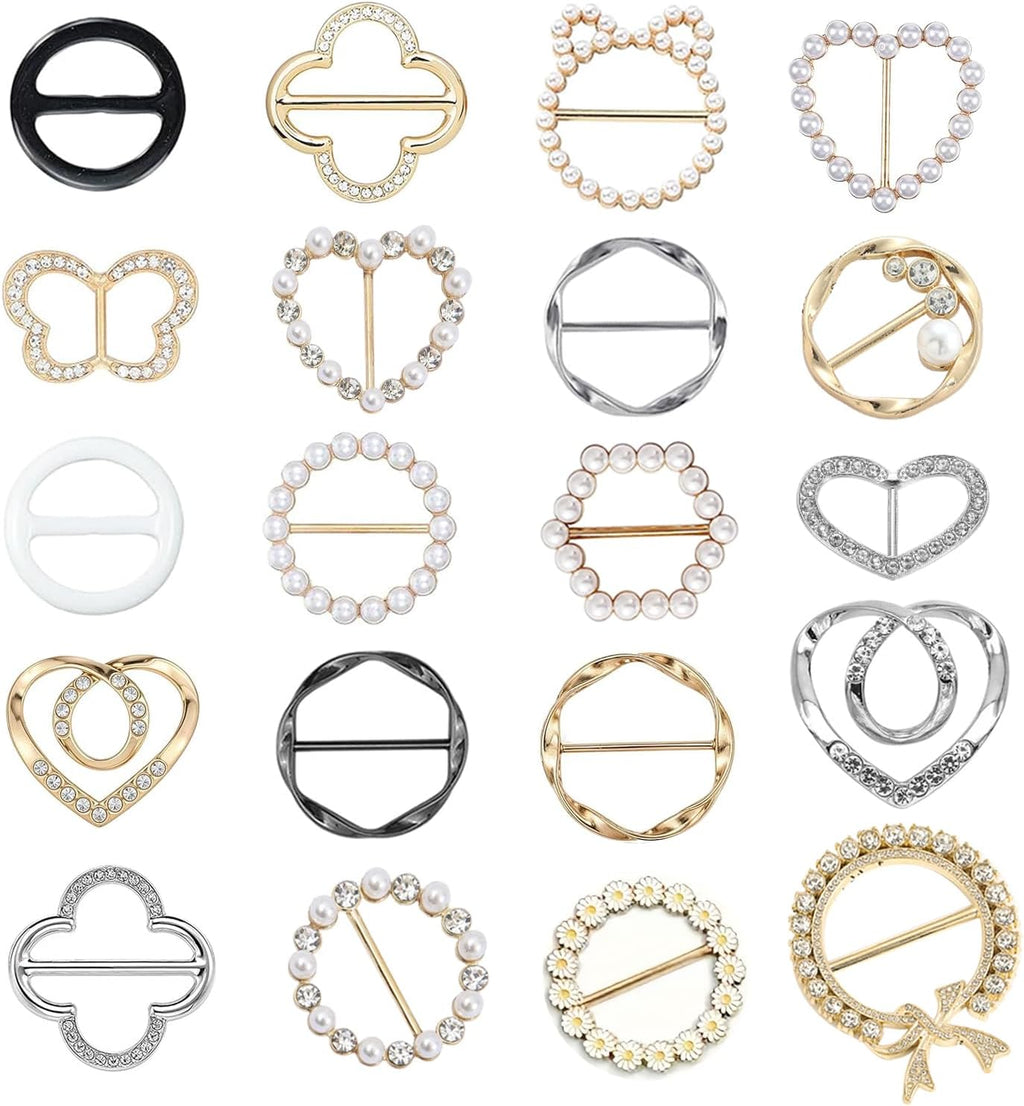 20 Pcs Scarf Ring and Slides for Scarves, Scarf Rings Clip Pin T Shirt Ties Clips for Women, Metal Gold Silver Round Circle Waist Clip Scarf Buckle Tshirt Clip Tightener for Loose Clothes Accessories