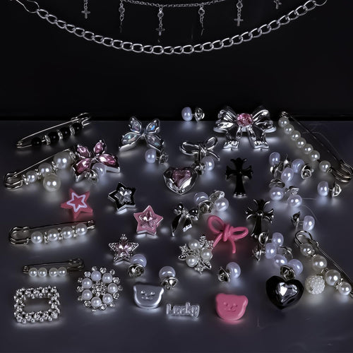 62pcs Silver Set Sock Charm Set, Safety Pin Brooch, Rhinestone, Pearl, Button Charms for Socks, Shoes, Clothing Accessories