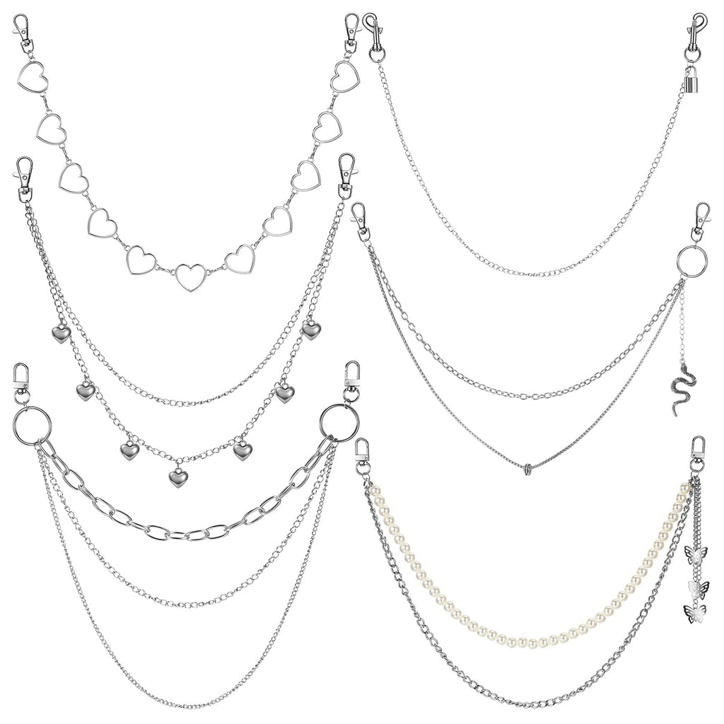 Hicarer 6 Pcs Jeans Chain Belt Silver Pants Waist Pocket Chains Multi Layer Goth Heart Butterfly Gift for Women Men Decor