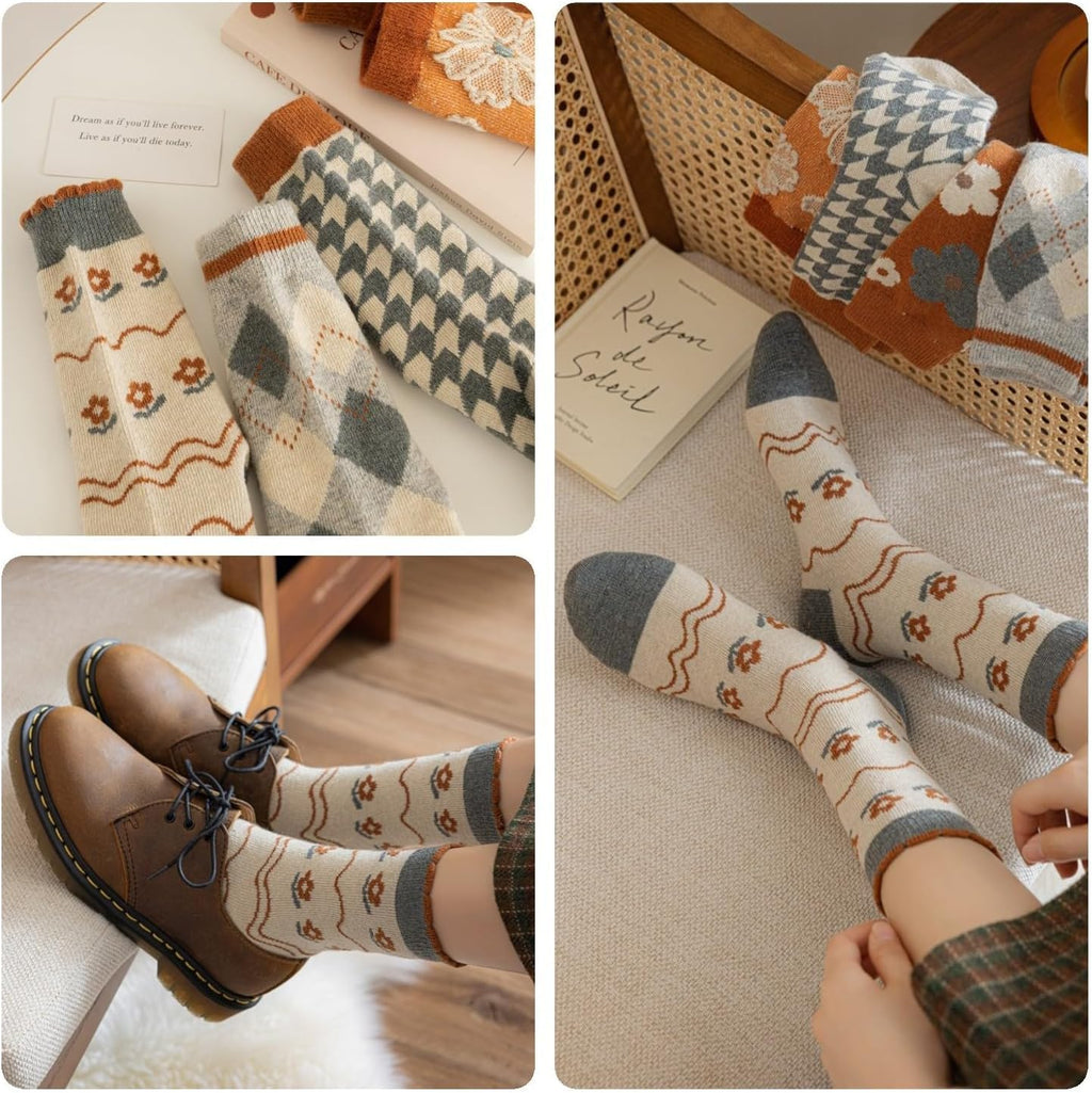 5/10 Pairs Wool Socks for Women Thick Knit Vintage Cute Floral Crew Socks