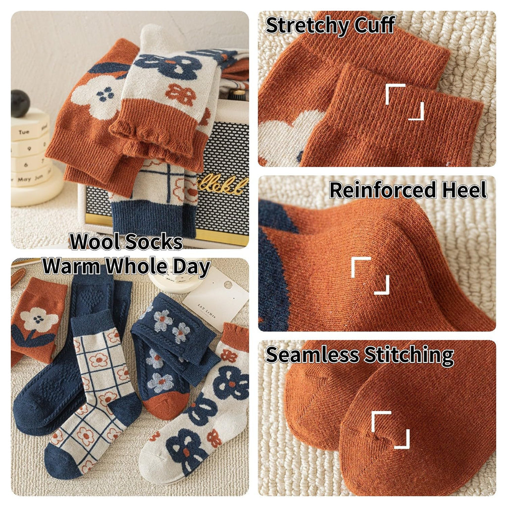 5/10 Pairs Wool Socks for Women Thick Knit Vintage Cute Floral Crew Socks